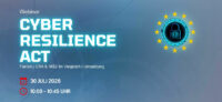 Webinar banner: CYBER RESILIENCE ACT title with date and time details on a blue gradient background and a circular EU-security emblem on the right side